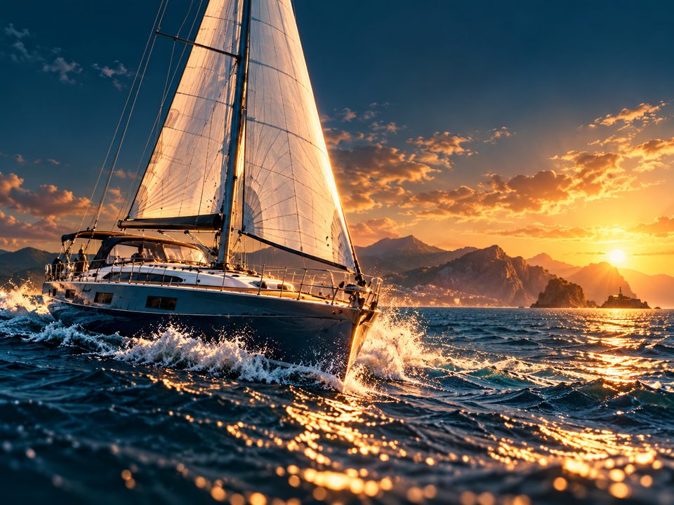 Velero navegando al atardecer